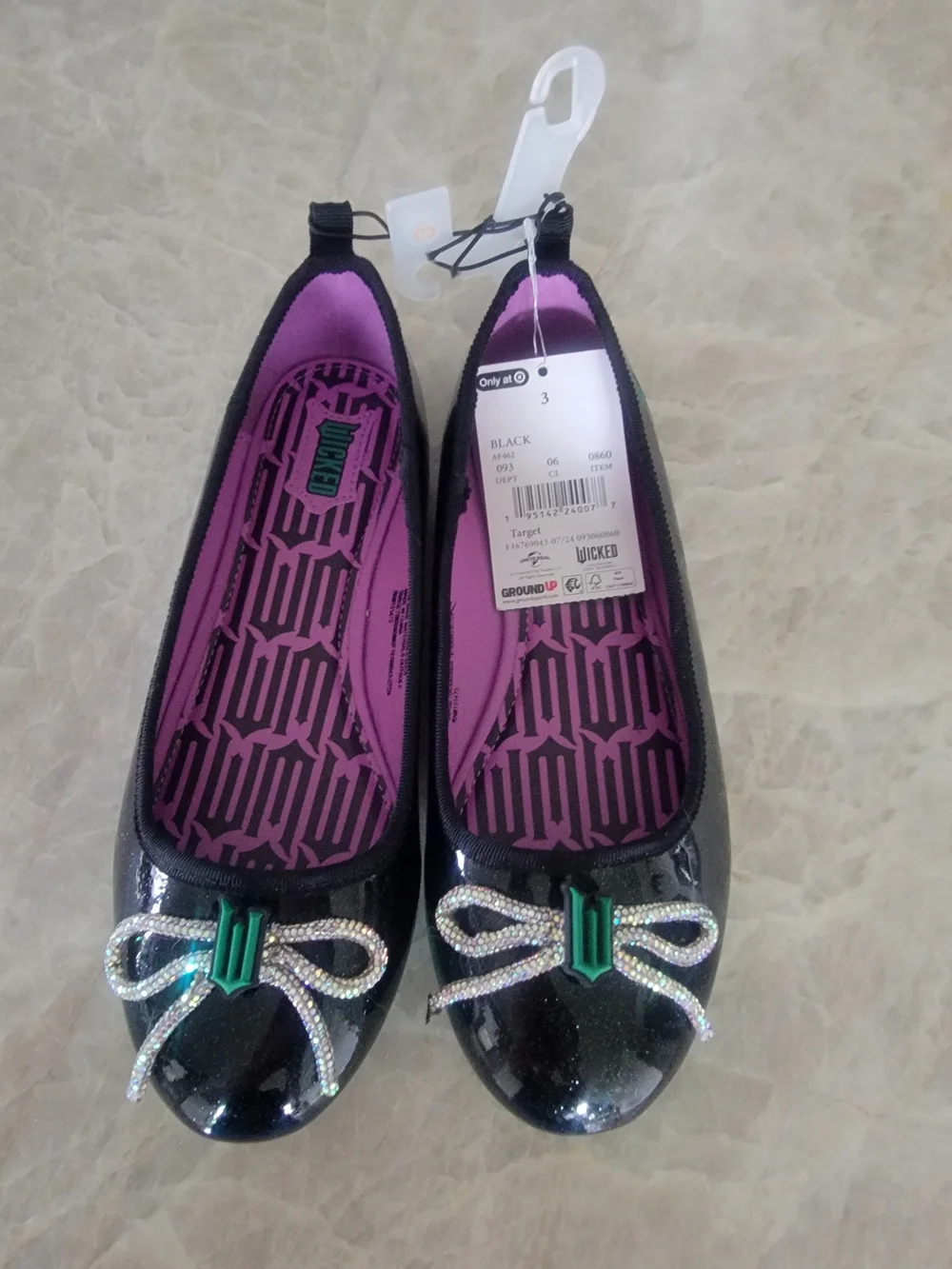 Kids Black Ballet Flats with Purple Insole and Green Accent -Wicked Size 3 & 11T